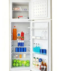 Inside view of Retro Apartment Refrigerator With Top Freezer And Ten Cubic Feet Of Solid Chill Storage featuring organized beverages and produce.