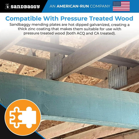 Rock Solid Four By Six Inch Steel Mending Plates For Wood Framing 19 Gauge Heavy Duty Steel hot dipped galvanized on pressure treated wood.