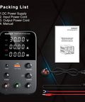 Variable Bench Power Supply With Precision Encoder Knob And Output Enable Disable Button USB Quick Charge Adjustable Voltage And Current Short Circuit Protection Compact Black Boss Grade Unit For Lab And DIY Projects with accessories and manual