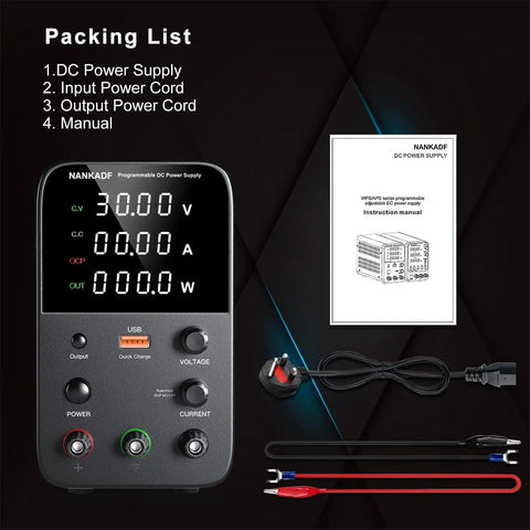 Variable Bench Power Supply With Precision Encoder Knob And Output Enable Disable Button USB Quick Charge Adjustable Voltage And Current Short Circuit Protection Compact Black Boss Grade Unit For Lab And DIY Projects with accessories and manual