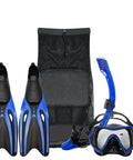 Extra Large Mesh Dive Bag For Scuba Gear And Water Sports, Oversized Foldable Backpack Duffle With Front Zipper Pocket, Fits Mask, Fins, Wetsuit, Towel And More, Gym Bag Ready, Black with blue fins, snorkel, and mask