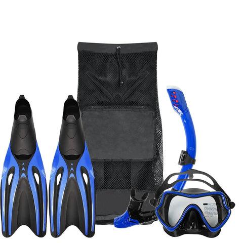 Extra Large Mesh Dive Bag For Scuba Gear And Water Sports, Oversized Foldable Backpack Duffle With Front Zipper Pocket, Fits Mask, Fins, Wetsuit, Towel And More, Gym Bag Ready, Black with blue fins, snorkel, and mask