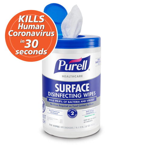 Heavy-Duty Healthcare Surface Disinfecting Wipes, 110 Count Canister, 7 By 10 Inch Wipes, Pack Of 6, Kills 99.9 Percent Of Viruses And Bacteria Including ESKAPE Pathogens, Great For High Touch Areas, shown in a blue and white container with wipes dispensed, front view.