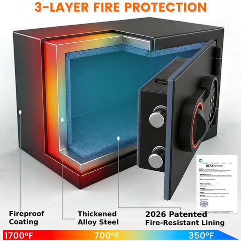 Compact Fireproof Safe For Home And Office With Alarm System, LED Sensor Light, Wall Mountable Security Box open to show 3-layer protection
