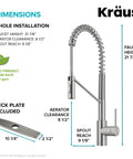 Oletto Commercial Style Pull Down Kitchen Faucet With QuickDock Top Mount, high arc reach, stainless steel, dimension details
