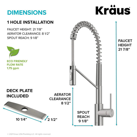Oletto Commercial Style Pull Down Kitchen Faucet With QuickDock Top Mount, high arc reach, stainless steel, dimension details
