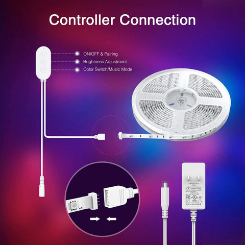 Smart LED Strip Lights 16.4ft RGB With Alexa Voice Control showing controller and connection setup