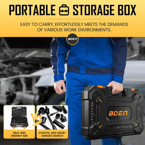 Person holding Heavy Duty Half Inch Drive Impact Socket Set, 72-Piece SAE And Metric Kit with storage box.
