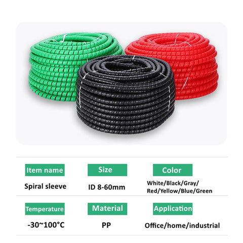 Coils of green, black, and red Spiral Cable Sleeve Wrap For 8 To 60 Millimeter Wires Black Durable PP Cord Tube Organizer Flexible Wire Protection