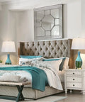 Bedroom with Dope Teal Green Ceramic Table Lamps Set Of 2, Mid Century Modern Vase-Shaped Lamps on nightstands with linen shades.