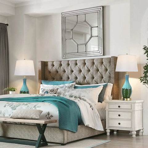 Bedroom with Dope Teal Green Ceramic Table Lamps Set Of 2, Mid Century Modern Vase-Shaped Lamps on nightstands with linen shades.