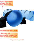 Saddlebag Style Sandbag for Dog Agility Tunnel, 66 Inch Long, Black, heavy duty PVC holds tunnel in place, attached to blue tunnel.