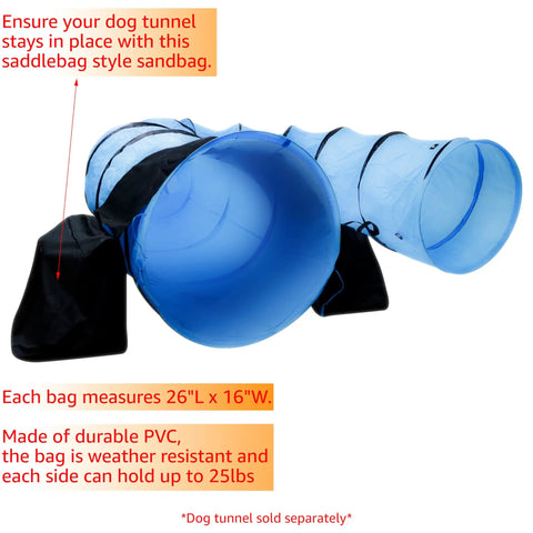 Saddlebag Style Sandbag for Dog Agility Tunnel, 66 Inch Long, Black, heavy duty PVC holds tunnel in place, attached to blue tunnel.
