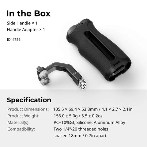 Ergonomic Mini Side Handle For Camera Cages With One Quarter Twenty Screws, model 4756, shown with handle adapter and specifications.