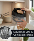 5 Speed Corded Hand Mixer With Stainless Steel Whisks in snap-on storage case on kitchen shelf