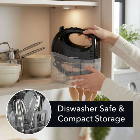 5 Speed Corded Hand Mixer With Stainless Steel Whisks in snap-on storage case on kitchen shelf