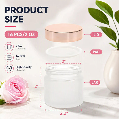 Score 16 Fresh 2 Oz Frosted Glass Sample Jars With Sleek Rose Gold Screw Caps And Tight Inner Liners Boss Grade Vessels dimensions and details