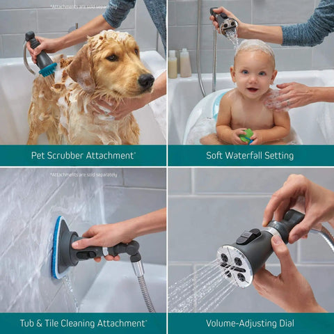 Two In One Shower Head And Wand Combo In Chrome Finish With No Tools Install In Minutes Lets You Run Head Or Wand Or Both Perfect For Bathing Loved Ones And Pets Keeps Shower And Tub Clean Five Spray Modes For Any Flow showing pet bathing, baby rinsing, and cleaning features.