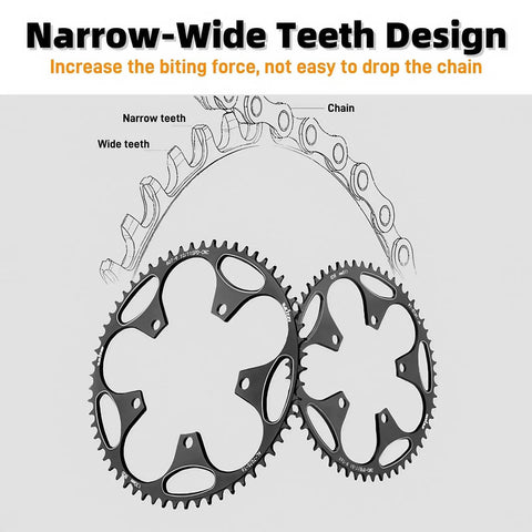 110 130 BCD Chainring Set Narrow Wide 36T 38T 40T 42T 44T 46T 48T 50T 52T 54T 56T 58T 60T With 5 Screws For Road Bike And Folding Bicycle Black Dope Quality Single Speed Only showing narrow-wide teeth design diagram