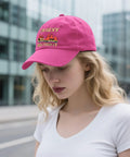 Woman wearing Im Sexy And I Tow It Vintage Funny Camping RV Camper Truck Hat For Men Low Profile Adjustable Cap in rose red