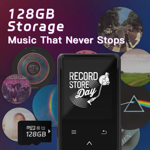 128GB Bluetooth MP3 Player With Built In Speaker All In One Portable Music Player displayed with a 128GB microSD card