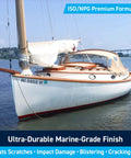 Premium Marine Grade Polyester Gelcoat For Fiberglass Repair White Quart on a boat hull in water with a scenic background.