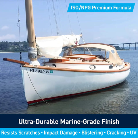 Premium Marine Grade Polyester Gelcoat For Fiberglass Repair White Quart on a boat hull in water with a scenic background.