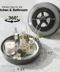 Heavy Duty Metal Lazy Susan Turntable Organizer With Slick Gunmetal Finish And Hella Sturdy Spinning Rack For Kitchen Counter And Pantry Storage Plus Compact 9 8 Inch Rotating Tray Set Includes Two Pieces with measurements on marble surface.