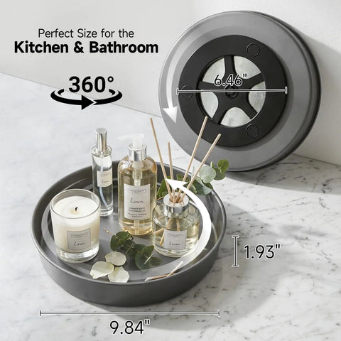 Heavy Duty Metal Lazy Susan Turntable Organizer With Slick Gunmetal Finish And Hella Sturdy Spinning Rack For Kitchen Counter And Pantry Storage Plus Compact 9 8 Inch Rotating Tray Set Includes Two Pieces with measurements on marble surface.