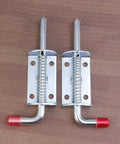 Premium Stainless Steel Spring Loaded Gate Latch And Bolt Hardware Set For Utility Dump Trailers Barn Doors showing two latches with red tips.