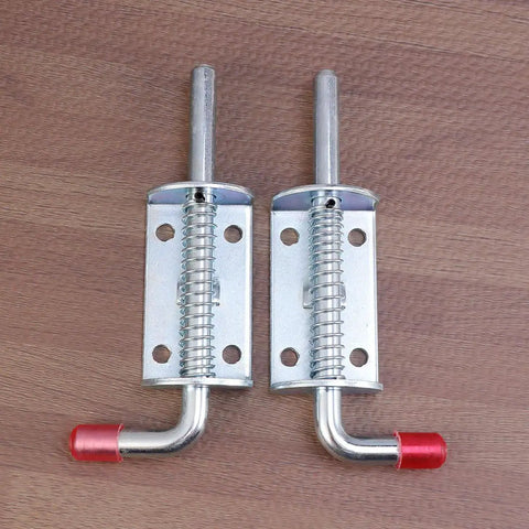 Premium Stainless Steel Spring Loaded Gate Latch And Bolt Hardware Set For Utility Dump Trailers Barn Doors showing two latches with red tips.