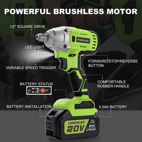 Cordless One Half Inch Impact Wrench Kit with 300 Foot Pounds Torque, Brushless 20V Power, LED light, variable speed trigger