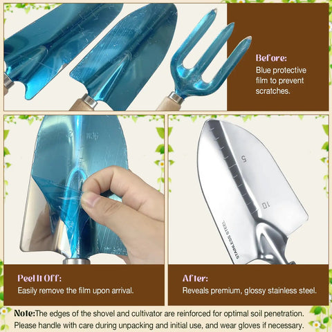 All In One 9 Piece Heavy Duty Garden Tool Set With Stainless Steel Hand Tools Purple Floral Tote Bag And Repotting Mat Perfect Garden Kit For Women Gift For Any Gardener showing blue protective film on tools and stainless steel finish