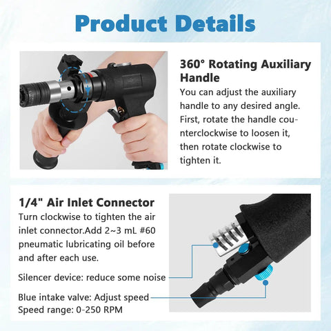 Heavy Duty Pneumatic Tapping Machine With Four Pieces Ansi Collets For Precision Internal Threading On Workpieces, featuring adjustable handle and air inlet.