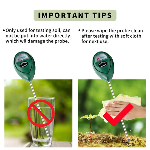 Image showing instructions for using Soil Moisture Meter For Plants, Easy Plant Water Meter And Hygrometer, No Battery Needed, Indoor Outdoor Moisture Sensor For Garden, Pots, And Lawn, Ditch The Guesswork And Water Smart Like A Pro. Tips include not submerging in water and cleaning with a cloth.