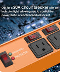 Magnetic Heavy Duty Power Strip With Four Outlets And 20 Amp Individual Switches And Master Switch 12 Gauge Extension Cord Six Foot Length Wall Mountable Surge Protector For Garage And Industrial Use Bright Orange with circuit breaker and indicator lights