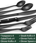 Black Flatware Set For 4 With Steak Knives 24 Piece Stainless Steel Cutlery