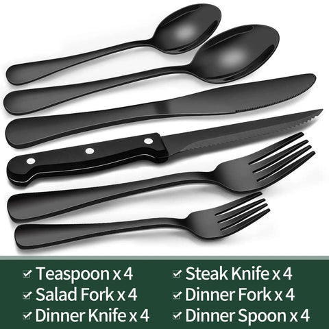 Black Flatware Set For 4 With Steak Knives 24 Piece Stainless Steel Cutlery