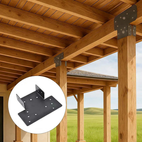 8 Pack Heavy Duty 4x4 3-Way T Brackets For Wood Posts To Beams in outdoor pergola, black steel connectors visible