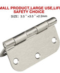 Top Shelf Residential Brushed Nickel Door Hinges Three Point Five Inches with rounded corners shown, 6 screw holes, smooth operation.