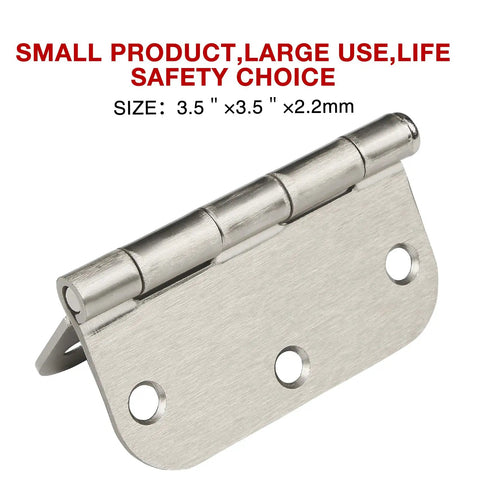Top Shelf Residential Brushed Nickel Door Hinges Three Point Five Inches with rounded corners shown, 6 screw holes, smooth operation.