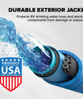 Camco 25-ft heated RV water hose with thermostat, blue exterior jacket and dual-end adapters