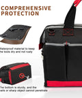 Heavy Duty 16 Inch Wide Mouth Tool Bag With 25 Pockets Waterproof 600D Polyester Organizer Built In Bottom Baffle For Sturdy Support Adjustable Shoulder Strap Ideal For Home Repairs Techs And DIY Pros with waterproof protection details