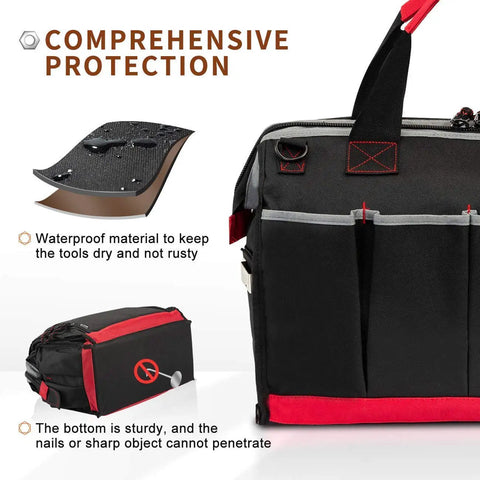 Heavy Duty 16 Inch Wide Mouth Tool Bag With 25 Pockets Waterproof 600D Polyester Organizer Built In Bottom Baffle For Sturdy Support Adjustable Shoulder Strap Ideal For Home Repairs Techs And DIY Pros with waterproof protection details