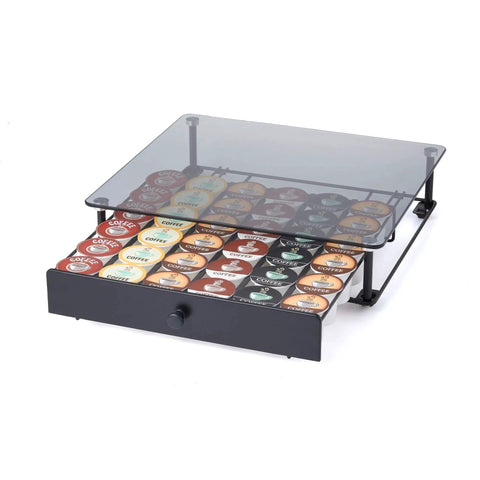 Rolling Coffee Pod Drawer With Tempered Glass And Black Finish, Holds 36 KCups, Slim Under Counter Storage With Easy Glide Drawer