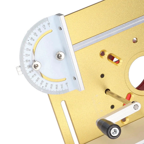 Close-up of the angle adjustment dial on the Shop Tough Router Lift Kit With Effortless Manual Crank And Sturdy Steel Guides.