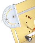 Rock Solid Aluminum Router Lift System Kit With No Sweat Hand Crank For Stable Table Insert Plate showing angle measurement scale and manual crank.