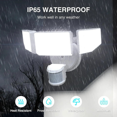 Hella Bright Kick Ass Outdoor Motion Sensor Flood Light 85W 8500 Lumens LED Security Spotlight With Dusk To Dawn Detection And IP65 Weatherproof Triple Head Design For Garage Yard Porch