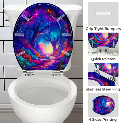 UV Reactive Round Toilet Seat for Bathroom with colorful design, adjustable hinges, and grip-tight bumpers.