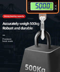 Digital Crane Scale With 3300 Lbs Capacity Heavy Duty Weighing Tool showing 500kg display and strong hook attachment.
